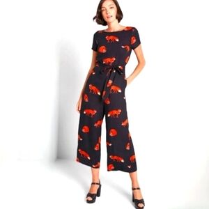 ModCloth Black Fox Print Tie-Waist Jumpsuit  XS